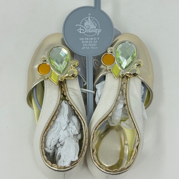 Disney Princess Tiana Gold Jeweled Costume Shoes Toddler Girls Size US 6/7 NEW - Picture 1 of 13